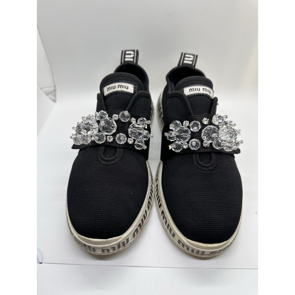 Miu Miu Black Fabric and Satin Crystal Embellished Slip On Sneakers Size 40
